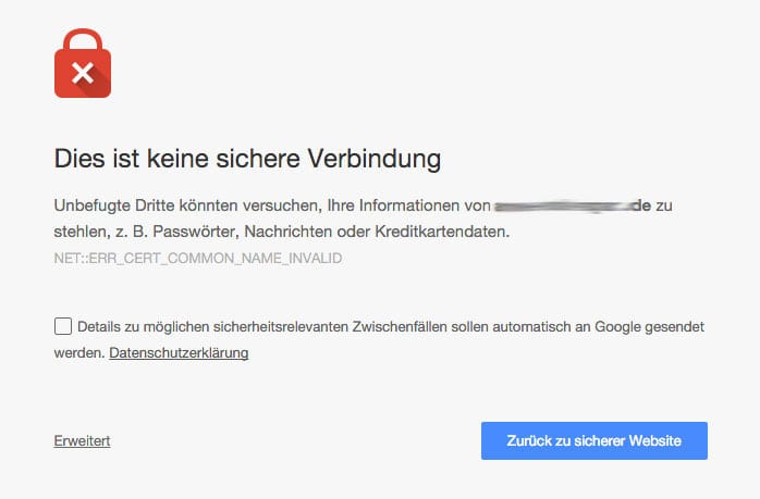 Screenshot: Warnung vor unsicherer Seite in Chrome