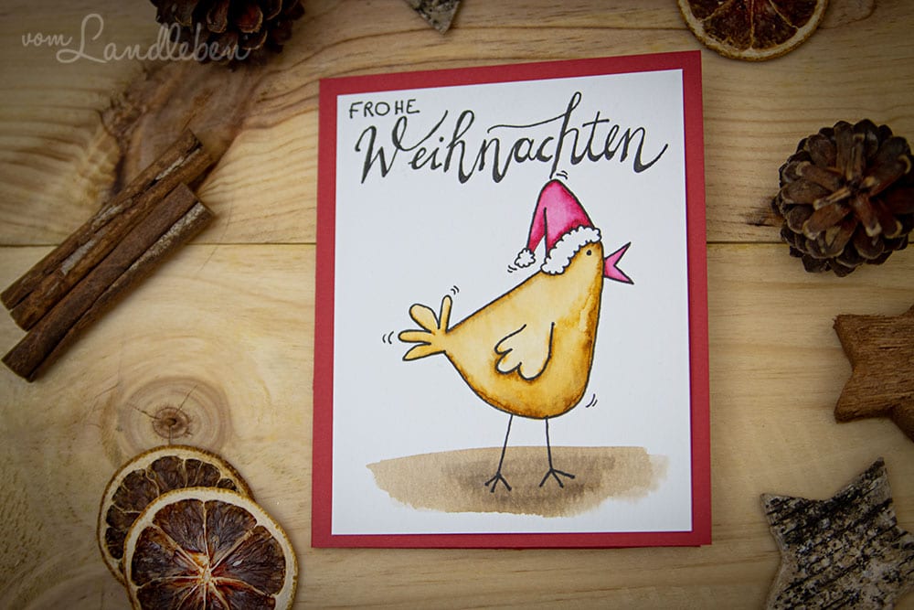 Selbstgebastelte Weihnachtskarte mit Huhn