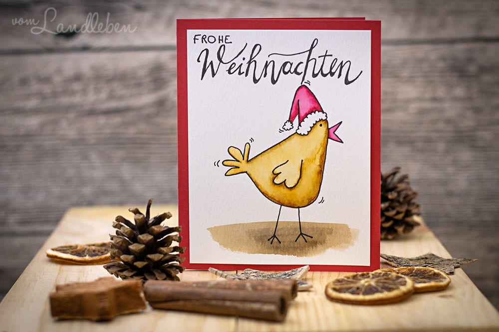 Selbstgebastelte Weihnachtskarte mit Huhn