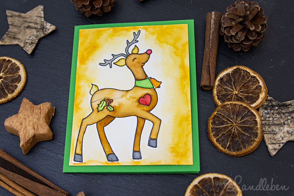 Selbstgebastelte Weihnachtskarte mit Rudi Rentier