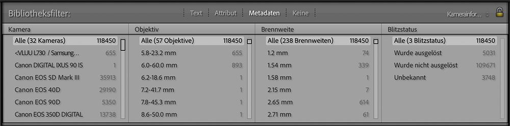 Metadaten-Filter in Adobe Lightroom