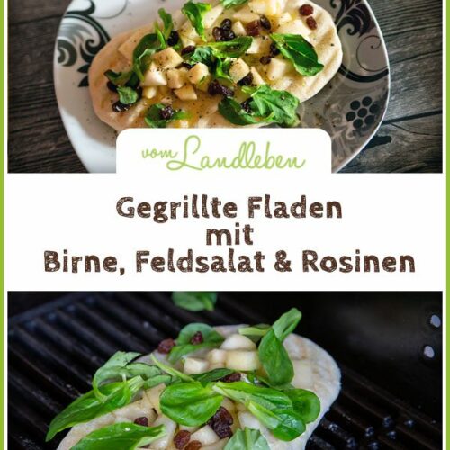 Rezept: Gegrillte Fladen mit Birne, Feldsalat & Rosinen